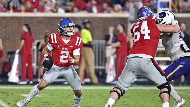 Sep 10, 2022; Oxford, Mississippi, USA;Ole Miss Rebels quarterback Jaxson Dart (2) drops back to pass against the Central Arkansas Bears during the second quarter at Vaught-Hemingway Stadium. Mandatory Credit: Matt Bush-USA TODAY Sports