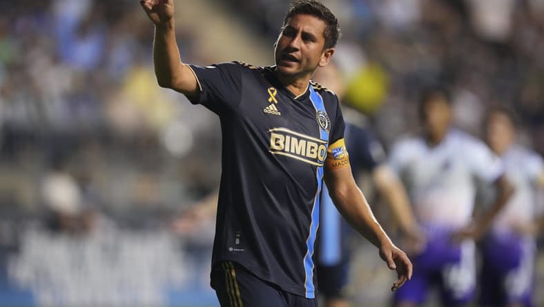 Sep 10, 2022; Chester, Pennsylvania, USA; Philadelphia Union midfielder Alejandro Bedoya (11) reacts against Orlando City in the second half at Subaru Park. Mandatory Credit: Mitchell Leff-USA TODAY Sports