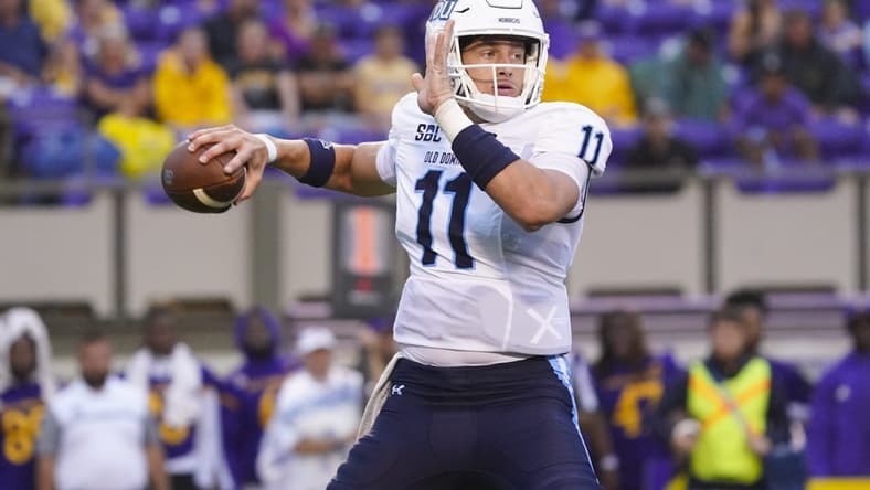 Sep 10, 2022; Greenville, North Carolina, USA; Old Dominion Monarchs quarterback Hayden Wolff (11) throws the ball against the East Carolina Pirates during the first half at Dowdy-Ficklen Stadium. Mandatory Credit: James Guillory-USA TODAY Sports