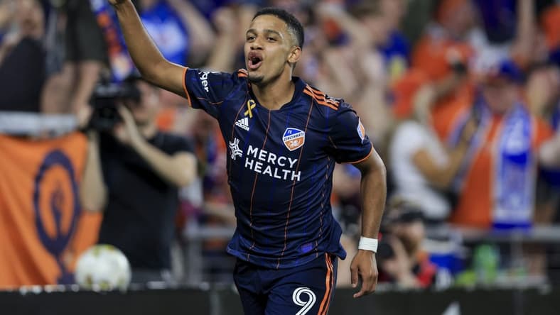 Sep 10, 2022; Cincinnati, Ohio, USA; FC Cincinnati forward Brenner (9) celebrates scoring a goal against the San Jose Earthquakes in the second half at TQL Stadium. The goal was reversed due to Brenner being offsides. Mandatory Credit: Aaron Doster-USA TODAY Sports