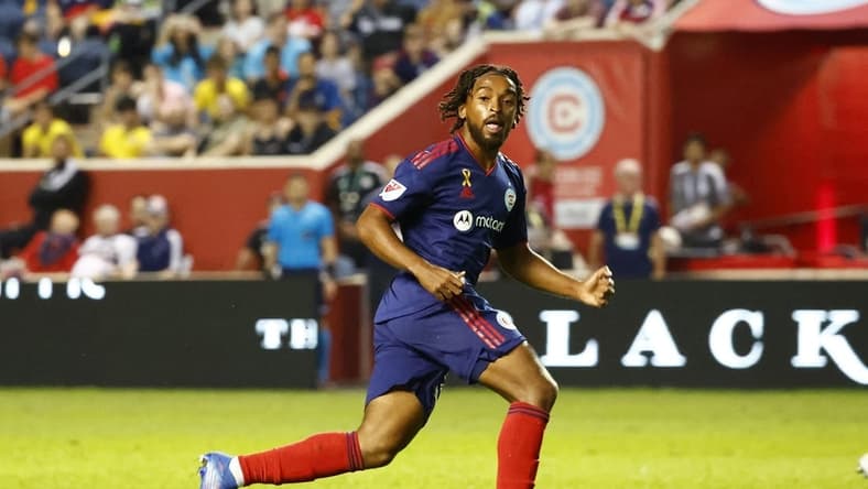 Sep 10, 2022; Chicago, Illinois, USA; Chicago Fire defender Andre Reynolds II (36) makes a pass against Inter Miami during the second half at Bridgeview Stadium. Mandatory Credit: Mike Dinovo-USA TODAY Sports