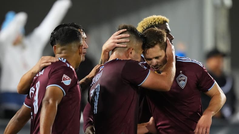 Sep 10, 2022; Commerce City, Colorado, USA; Colorado Rapids forward Jonathan Lewis (7) (center) is congratulated for his penalty kick goal in the first half against the Vancouver Whitecaps FC at Dick's Sporting Goods Park. Mandatory Credit: Ron Chenoy-USA TODAY Sports