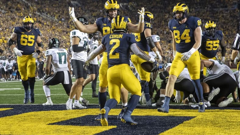 Sep 10, 2022; Ann Arbor, Michigan, USA; Michigan Wolverines running back Blake Corum (2) dives in for a first quarter touch down against the Hawaii Warriors at Michigan Stadium. Mandatory Credit: David Reginek-USA TODAY Sports
