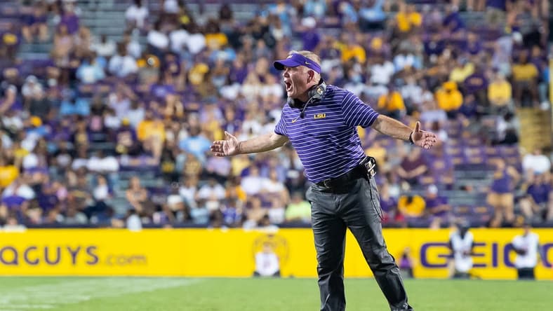 Sep 10, 2022; Baton Rouge, Louisiana, USA;  LSU Tigers head coach Brian Kelly reacts during the second half against the Southern Jaguars at Tiger Stadium. Mandatory Credit: Scott Clause-USA TODAY Sports