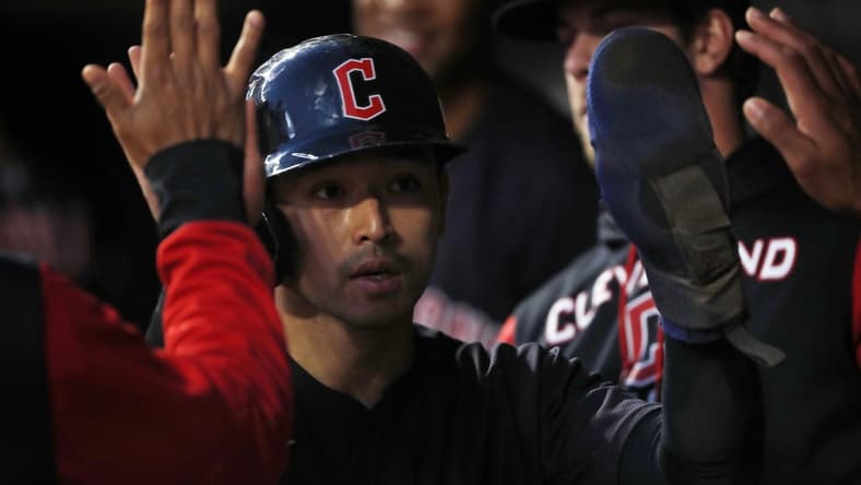 Sep 10, 2022; Minneapolis, Minnesota, USA; Cleveland Guardians left fielder Steven Kwan (38) celebrates his run against the Minnesota Twins in the fourth inning at Target Field. Mandatory Credit: Bruce Kluckhohn-USA TODAY Sports