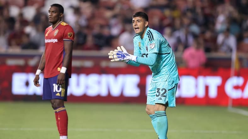 Sep 10, 2022; Sandy, Utah, USA; D.C. United goalkeeper David Ochoa (32) reacts to a plan in the second half against the Real Salt Lake at America First Field. Mandatory Credit: Rob Gray-USA TODAY Sports