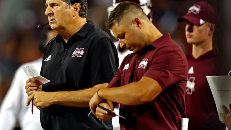Sep 10, 2022; Tucson, Arizona, USA; Mississippi State Bulldogs head coach Mike Leach looks on during the first half against the Arizona Wildcats at Arizona Stadium. Mandatory Credit: Mark J. Rebilas-USA TODAY Sports