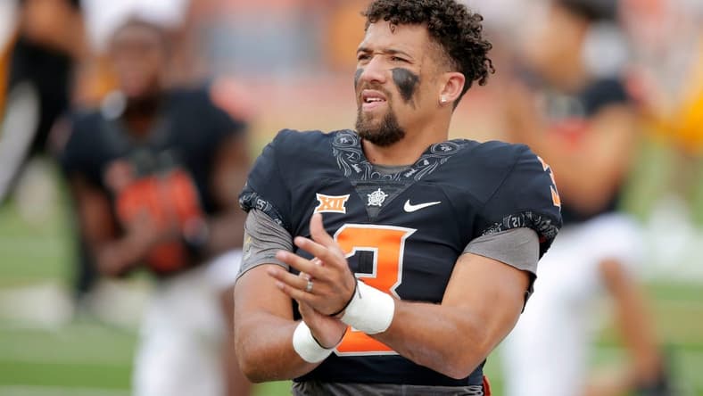 Oklahoma State quarterback Spencer Sanders before a college football game between the Oklahoma State Cowboys (OSU) and the Arizona State Sun Devils at Boone Pickens Stadium in Stillwater, Okla., Saturday, Sept. 10, 2022. Oklahoma State won 34-17
Osu Vs Asu