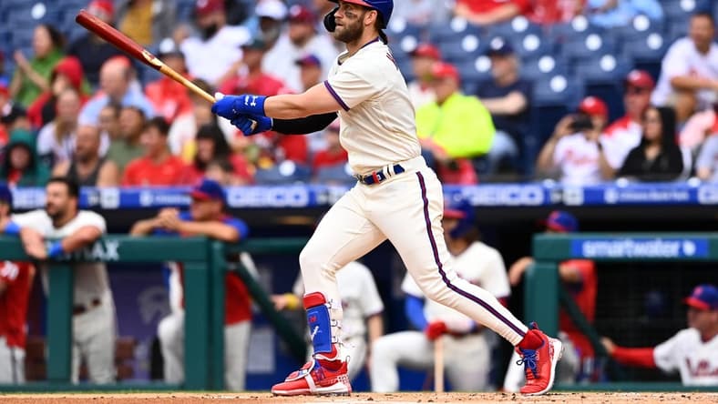 Sep 11, 2022; Philadelphia, Pennsylvania, USA; Philadelphia Phillies outfielder Bryce Harper (3) hits an RBI double against the Washington Nationals in the first inning at Citizens Bank Park. Mandatory Credit: Kyle Ross-USA TODAY Sports