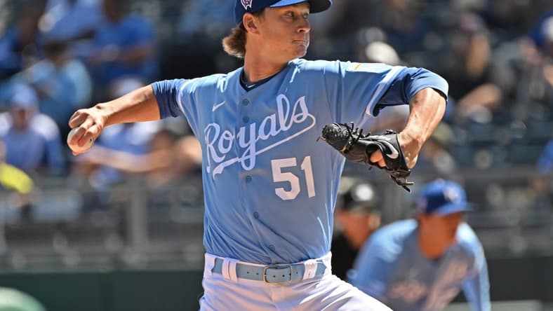 Sep 11, 2022; Kansas City, Missouri, USA; Kansas City Royals starting pitcher Brady Singer (51) delivers a pitch during the first inning against the Detroit Tigers at Kauffman Stadium. Mandatory Credit: Peter Aiken-USA TODAY Sports