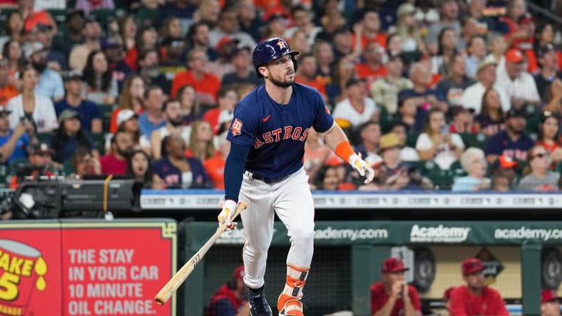 Sep 11, 2022; Houston, Texas, USA; Houston Astros third baseman Alex Bregman (2) watches his ball go out after a grand slam in the third inning at Minute Maid Park. Mandatory Credit: Daniel Dunn-USA TODAY Sports