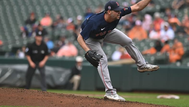 Sep 11, 2022; Baltimore, Maryland, USA; Boston Red Sox starting pitcher Rich Hill (44) reacts after throwing a fourth inning pitch against the Baltimore Orioles at Oriole Park at Camden Yards. Mandatory Credit: Tommy Gilligan-USA TODAY Sports
