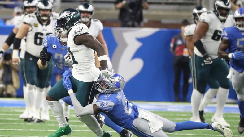Detroit Lions safety Tracy Walker III (21) tackles Philadelphia Eagles receiver A.J. Brown during the first half at Ford Field, Sept. 11, 2022.
Nfl Philadelphia Eagles At Detroit Lions