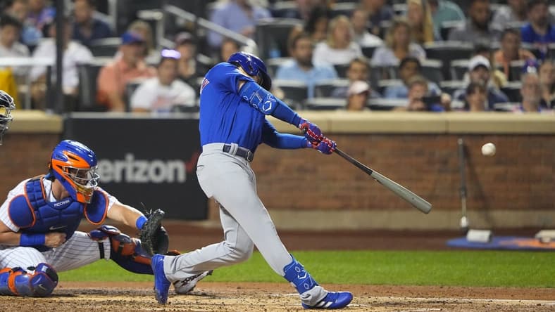 Sep 12, 2022; New York City, New York, USA; Chicago Cubs second baseman Zach McKinstry (6) hits a two run home run against the New York Mets during the third inning at Citi Field. Mandatory Credit: Gregory Fisher-USA TODAY Sports