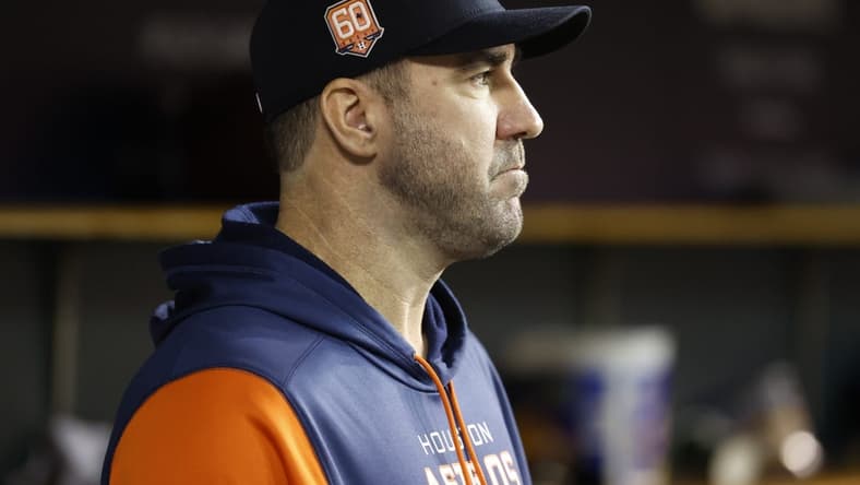 Sep 12, 2022; Detroit, Michigan, USA; Houston Astros starting pitcher Justin Verlander in the dugout during the seventh inning against the Detroit Tigers at Comerica Park. Mandatory Credit: Rick Osentoski-USA TODAY Sports