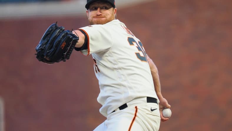 Sep 12, 2022; San Francisco, California, USA; San Francisco Giants starting pitcher Alex Cobb (38) pitches the ball against the Atlanta Braves during the first inning at Oracle Park. Mandatory Credit: Kelley L Cox-USA TODAY Sports