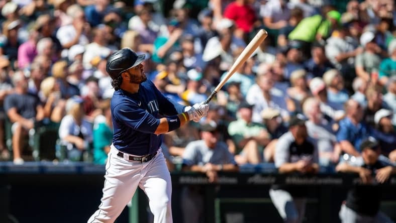 Sep 7, 2022; Seattle, Washington, USA; Seattle Mariners third baseman Eugenio Suarez (28) looks on after hitting a two-run home run for his 1000th hit against the Chicago White Sox during the third inning at T-Mobile Park. Mandatory Credit: Lindsey Wasson-USA TODAY Sports