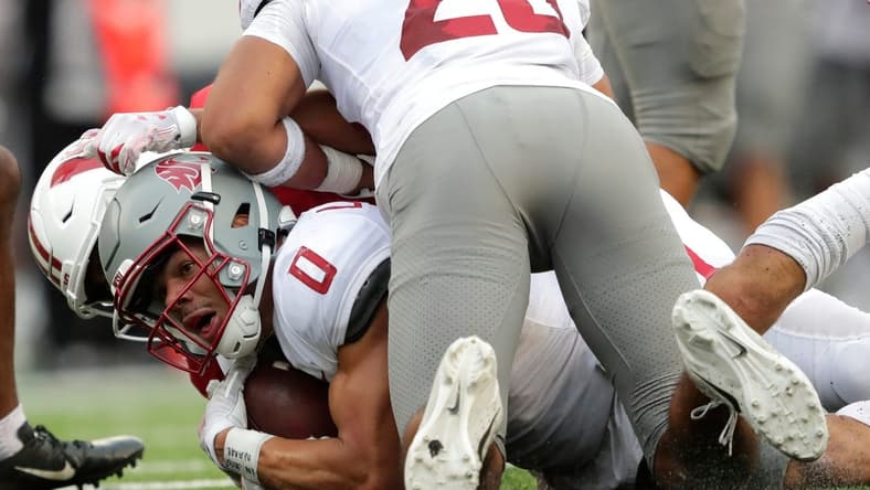 Washington State Cougars defensive back Sam Lockett III (0) recovers a fumble by Wisconsin Badgers tight end Clay Cundiff (not pictured) against Wisconsin Badgers wide receiver Chimere Dike (13) and Wisconsin Badgers linebacker Jake Ratzlaff (25) late in the fourth quarter during their football game Saturday, September 10, 2022, at Camp Randall in Madison, Wis.
Mjs Apc Badgersvswash 0910221722djp