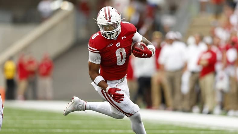 Sep 10, 2022; Madison, Wisconsin, USA; Wisconsin Badgers running back Braelon Allen (0) during the game against the Washington State Cougars at Camp Randall Stadium. Mandatory Credit: Jeff Hanisch-USA TODAY Sports