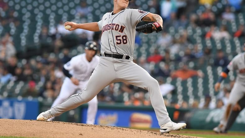 Sep 13, 2022; Detroit, Michigan, USA; Houston Astros starting pitcher Hunter Brown (58) delivers a pitch against the Detroit Tigers in the second inning at Comerica Park. Mandatory Credit: Lon Horwedel-USA TODAY Sports