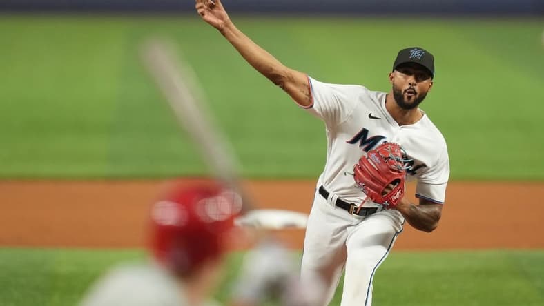 Sep 13, 2022; Miami, Florida, USA; Miami Marlins starting pitcher Sandy Alcantara (22) delivers against the Philadelphia Phillies in the first inning at loanDepot Park. Mandatory Credit: Jim Rassol-USA TODAY Sports