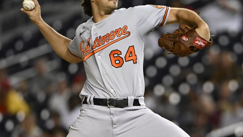 Sep 13, 2022; Washington, District of Columbia, USA; Baltimore Orioles starting pitcher Dean Kremer (64) throws to the Washington Nationals during the second inning at Nationals Park. Mandatory Credit: Brad Mills-USA TODAY Sports
