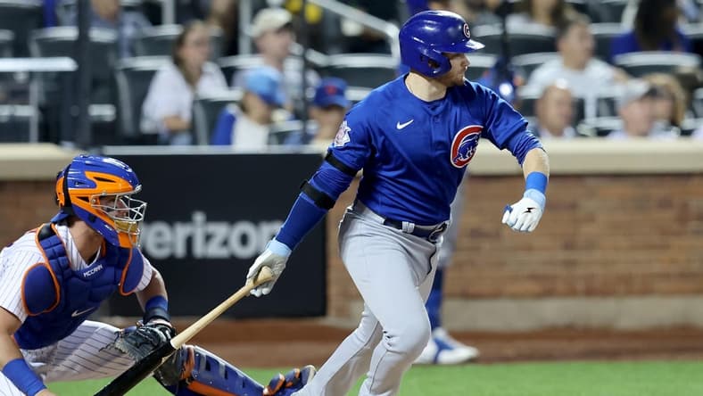 Sep 13, 2022; New York City, New York, USA; Chicago Cubs left fielder Ian Happ (8) follows through on a single against the New York Mets during the fourth inning at Citi Field. Mandatory Credit: Brad Penner-USA TODAY Sports