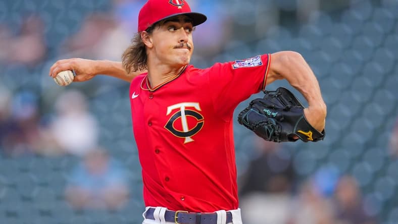 Sep 13, 2022; Minneapolis, Minnesota, USA; Minnesota Twins starting pitcher Joe Ryan (41) pitches against the Kansas City Royals in the first inning at Target Field. Mandatory Credit: Brad Rempel-USA TODAY Sports