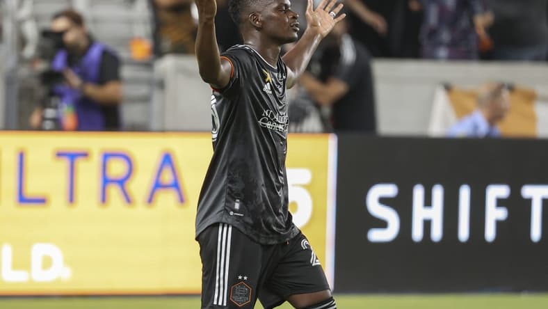 Sep 13, 2022; Houston, Texas, USA; Houston Dynamo FC forward Darwin Quintero (23) reacts after scoring a goal during the first half against the New England Revolution at PNC Stadium. Mandatory Credit: Troy Taormina-USA TODAY Sports