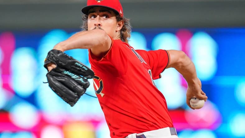 Sep 13, 2022; Minneapolis, Minnesota, USA; Minnesota Twins starting pitcher Joe Ryan (41) pitches against the Kansas City Royals in the fifth inning at Target Field. Mandatory Credit: Brad Rempel-USA TODAY Sports