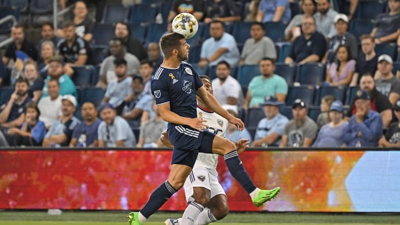 Sep 13, 2022; Kansas City, Kansas, USA; Sporting Kansas City defender Robert Voloder (4) heads the ball during the first half against D.C. United at Children's Mercy Park. Mandatory Credit: Peter Aiken-USA TODAY Sports
