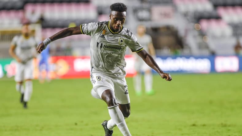Sep 13, 2022; Fort Lauderdale, Florida, USA; Columbus Crew midfielder Derrick Etienne (22) controls the ball during the second half against Inter Miami CF at DRV PNK Stadium. Mandatory Credit: Sam Navarro-USA TODAY Sports