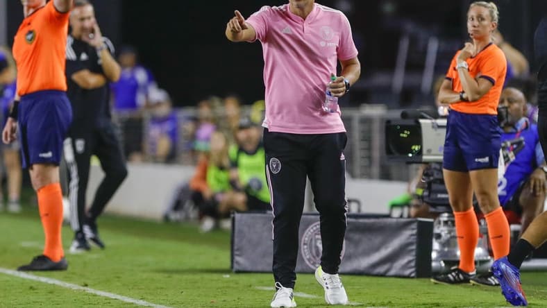 Sep 13, 2022; Fort Lauderdale, Florida, USA; Inter Miami CF head coach Phil Neville watches from the sideline during the second half against the Columbus Crew at DRV PNK Stadium. Mandatory Credit: Sam Navarro-USA TODAY Sports
