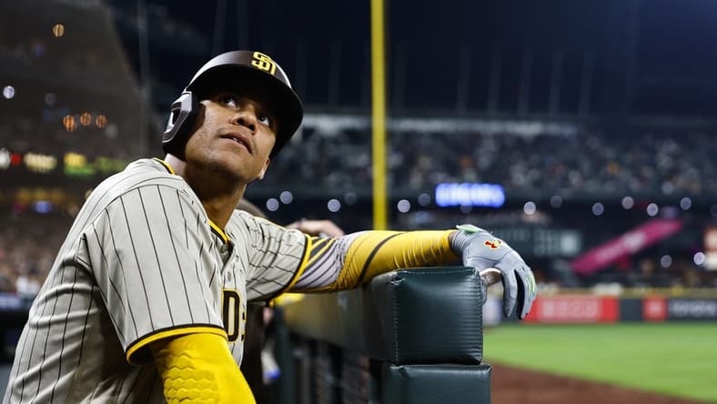 Sep 13, 2022; Seattle, Washington, USA; San Diego Padres right fielder Juan Soto (22) stands in the dugout during the fifth inning against the Seattle Mariners at T-Mobile Park. Mandatory Credit: Joe Nicholson-USA TODAY Sports