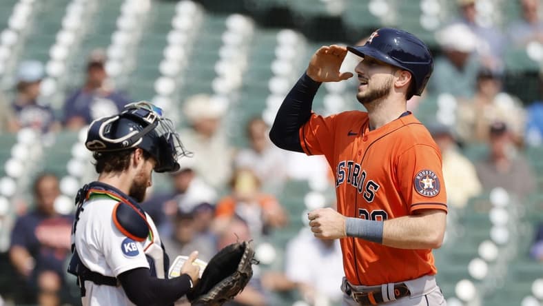 Sep 14, 2022; Detroit, Michigan, USA;  Houston Astros right fielder Kyle Tucker (30) celebrates after hitting a home run in the fourth inning against the Detroit Tigers at Comerica Park. Mandatory Credit: Rick Osentoski-USA TODAY Sports