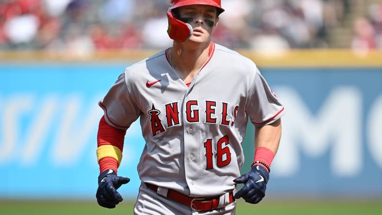 Sep 14, 2022; Cleveland, Ohio, USA; Los Angeles Angels left fielder Mickey Moniak (16) rounds the bases after hitting a home run during the third inning Cleveland Guardians at Progressive Field. Mandatory Credit: Ken Blaze-USA TODAY Sports