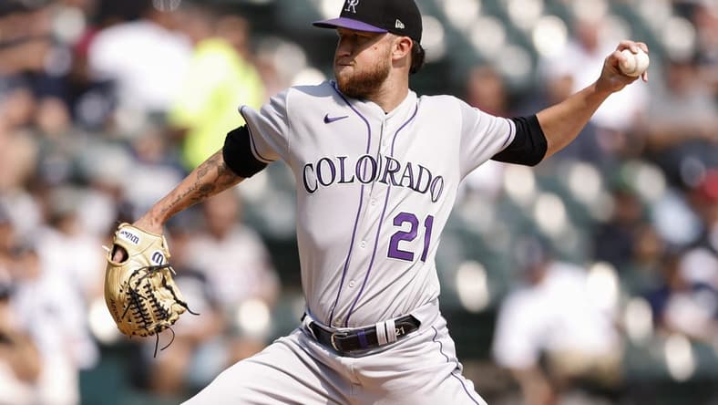 Sep 14, 2022; Chicago, Illinois, USA; Colorado Rockies starting pitcher Kyle Freeland (21) delivers against the Chicago White Sox during the first inning at Guaranteed Rate Field. Mandatory Credit: Kamil Krzaczynski-USA TODAY Sports