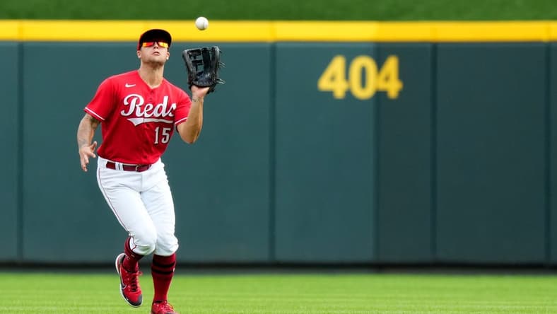 Cincinnati Reds center fielder Nick Senzel (15) catches a fly ball in the seventh inning of a baseball game, Wednesday, Sept. 14, 2022, at Great American Ball Park in Cincinnati.
Mlb Pittsburgh Pirates At Cincinnati Reds Sept 14 7826