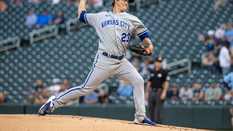 Sep 14, 2022; Minneapolis, Minnesota, USA; Kansas City Royals starting pitcher Zack Greinke (23) delivers a pitch during the first inning against the Minnesota Twins at Target Field. Mandatory Credit: Jordan Johnson-USA TODAY Sports