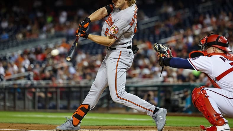 Sep 14, 2022; Washington, District of Columbia, USA; Baltimore Orioles third baseman Gunnar Henderson (2) hits an RBI against the Washington Nationals during the second inning at Nationals Park. Mandatory Credit: Scott Taetsch-USA TODAY Sports