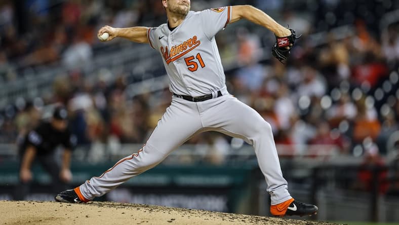 Sep 14, 2022; Washington, District of Columbia, USA; Baltimore Orioles starting pitcher Austin Voth (51) pitches against the Washington Nationals during the sixth inning at Nationals Park. Mandatory Credit: Scott Taetsch-USA TODAY Sports