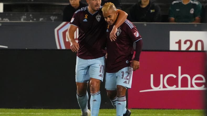 Sep 14, 2022; Commerce City, Colorado, USA; Colorado Rapids forward Diego Rubio (11) celebrates his goal with forward Michael Barrios (12) in the first half against the San Jose Earthquakes at Dick's Sporting Goods Park. Mandatory Credit: Ron Chenoy-USA TODAY Sports