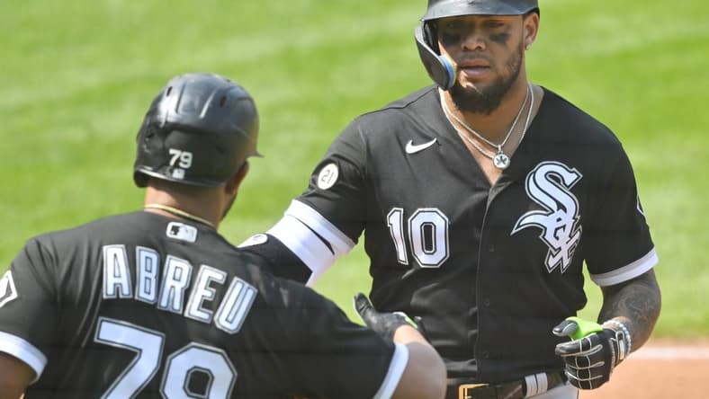 Sep 15, 2022; Cleveland, Ohio, USA; Chicago White Sox third baseman Yoan Moncada (10) celebrates his solo home run with first baseman Jose Abreu (79) in the third inning against the Cleveland Guardians at Progressive Field. Mandatory Credit: David Richard-USA TODAY Sports