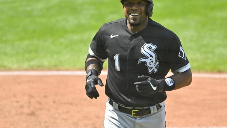 Sep 15, 2022; Cleveland, Ohio, USA; Chicago White Sox shortstop Elvis Andrus (1) celebrates his solo home run in the fifth inning against the Cleveland Guardians at Progressive Field. Mandatory Credit: David Richard-USA TODAY Sports