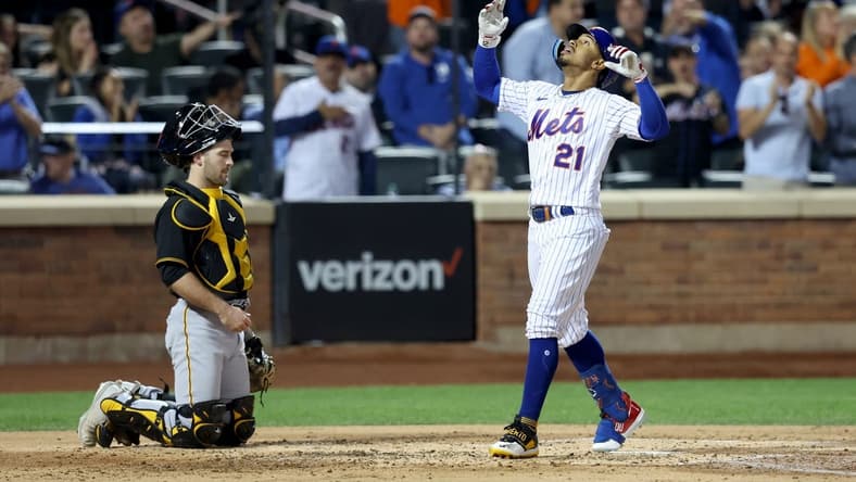 Sep 15, 2022; New York City, New York, USA; New York Mets shortstop Francisco Lindor reacts as he steps on home plate after hitting a two run home run against the Pittsburgh Pirates during the third inning at Citi Field. Mandatory Credit: Brad Penner-USA TODAY Sports