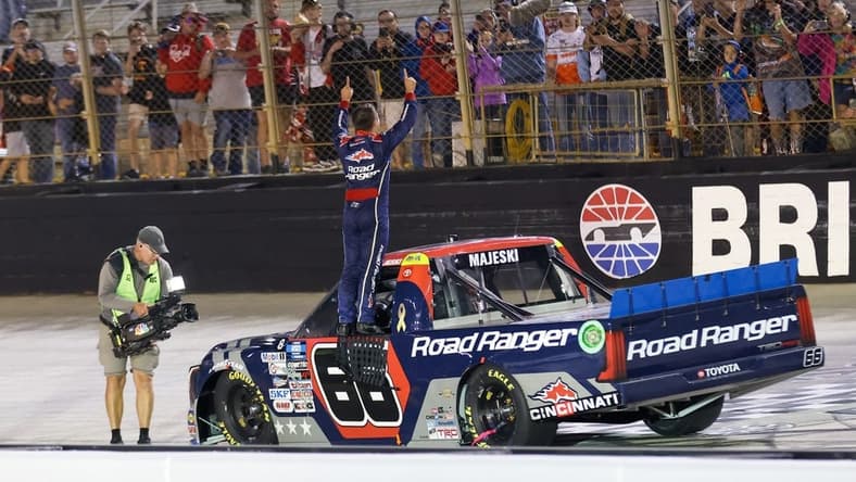 Sep 15, 2022; Bristol, Tennessee, USA; NASCAR Gander RV and Outdoors Truck Series driver Ty Majeski (66) celebrates after winning the 25th Annual UNOH 200 at Bristol Motor Speedway. Mandatory Credit: Randy Sartin-USA TODAY Sports