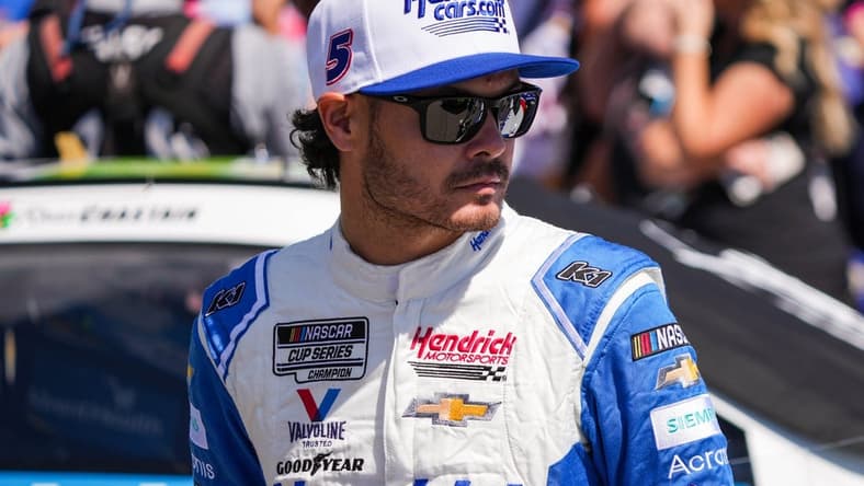Sep 11, 2022; Kansas City, Kansas, USA; NASCAR Cup Series driver Kyle Larson (5) prior to the Hollywood Casino 400 at Kansas Speedway. Mandatory Credit: Jay Biggerstaff-USA TODAY Sports