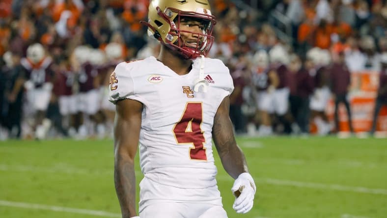 Sep 10, 2022; Blacksburg, Virginia, USA;  Boston College Eagles wide receiver Zay Flowers (4) walks on the field during the second quarter against the Virginia Tech Hokies at Lane Stadium. Mandatory Credit: Reinhold Matay-USA TODAY Sports