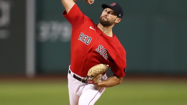 Sep 16, 2022; Boston, Massachusetts, USA; Boston Red Sox starting pitcher Michael Wacha (52) throws a pitch during the first inning against the Kansas City Royals at Fenway Park. Mandatory Credit: Paul Rutherford-USA TODAY Sports