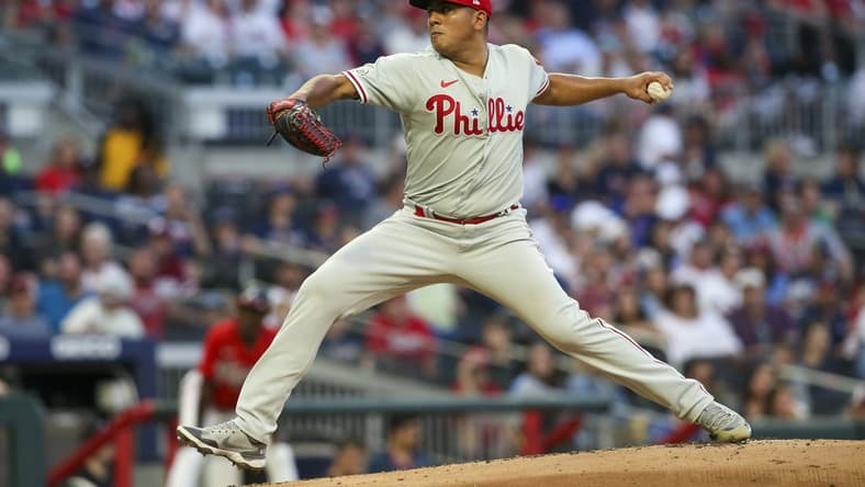 Sep 16, 2022; Atlanta, Georgia, USA; Philadelphia Phillies starting pitcher Ranger Suarez (55) throws against the Atlanta Braves in the first inning at Truist Park. Mandatory Credit: Brett Davis-USA TODAY Sports